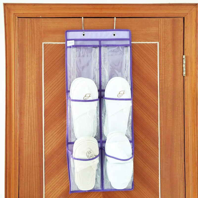 ANIZER Over The Door Hanging Shoe Organizer Narrow Closet Door Shoe Storage 6 Large Clear Pockets Chart 2 Pack (PURPLE) - Image 5